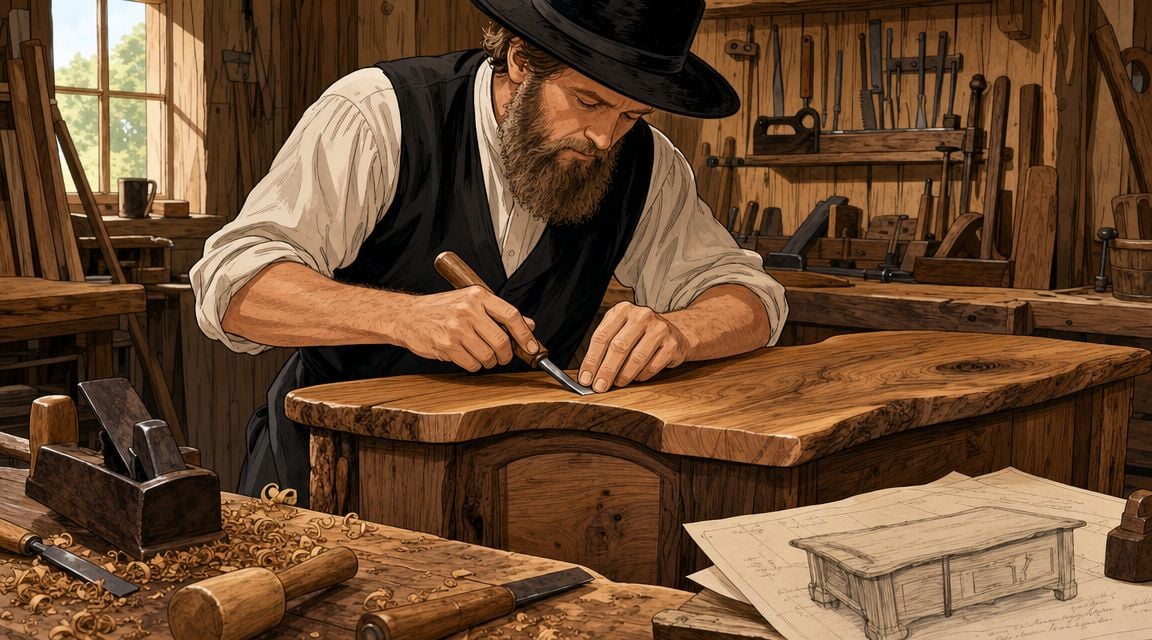 A skilled carpenter wearing a traditional hat works on a wooden table in his rustic workshop.