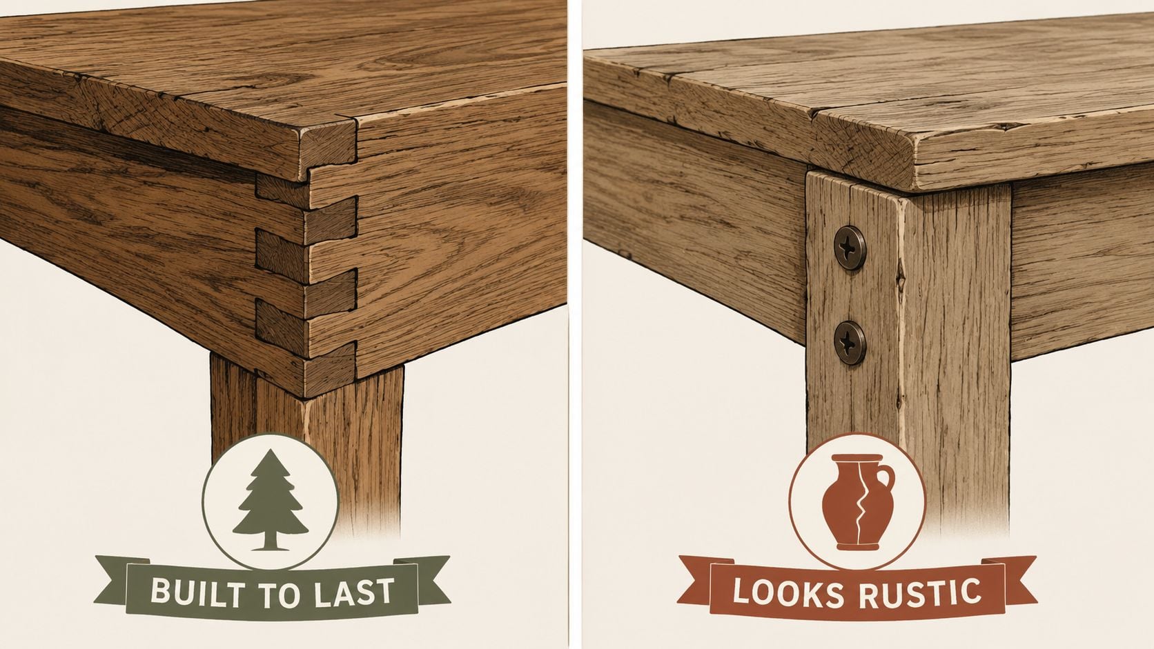 A split image comparing high-quality dovetail joinery for durability and basic screw construction for rustic aesthetic.
