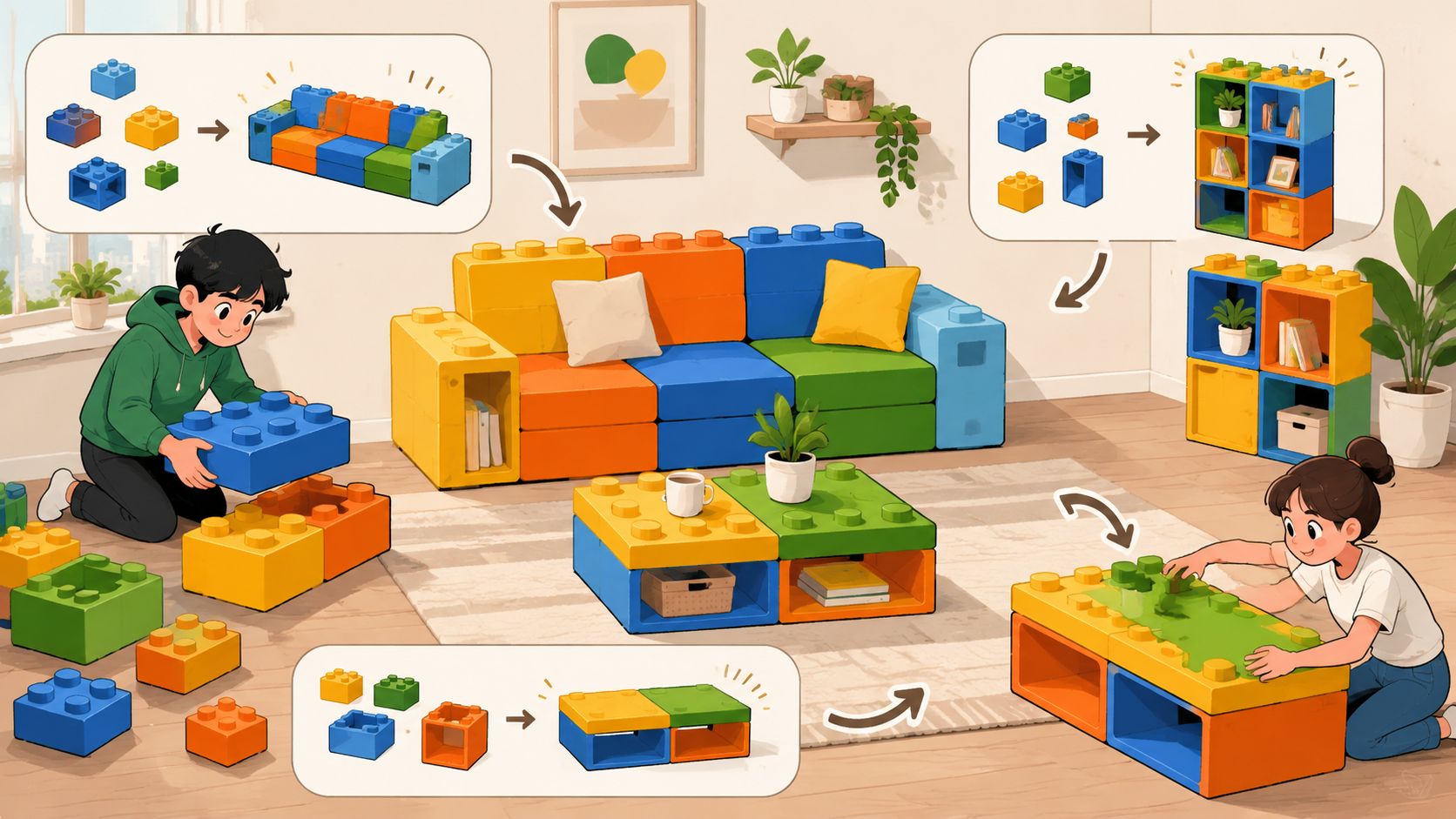 A boy and a girl assembling colorful oversized building blocks into modular sofas, tables, and storage units.