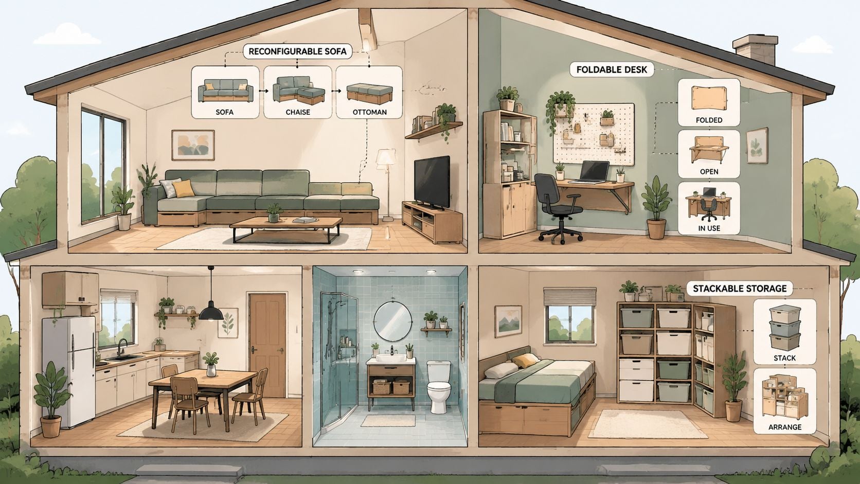 A cutaway illustration of a modern house showing modular furniture solutions designed for small living spaces.