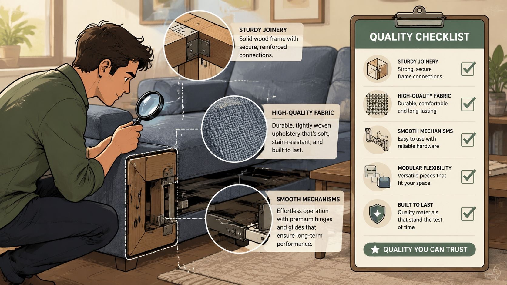 A man uses a magnifying glass to inspect the high-quality construction and mechanisms of modular sofa furniture.