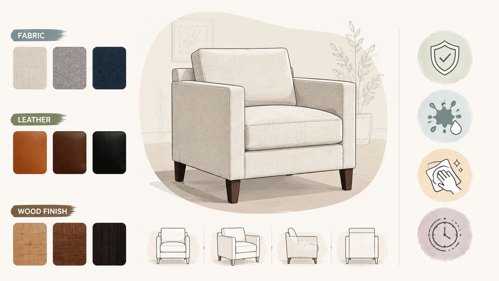 A custom furniture design tool showing a beige parsons arm chair with various fabric, leather, and wood options.