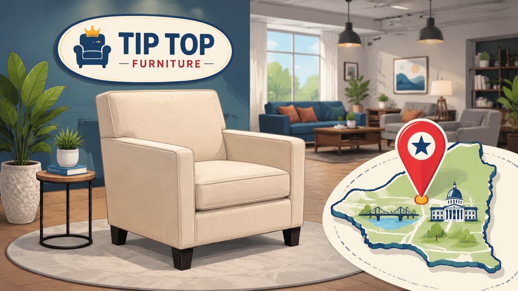 A cream-colored upholstered armchair displayed in a modern, stylish living room setting with a location map.