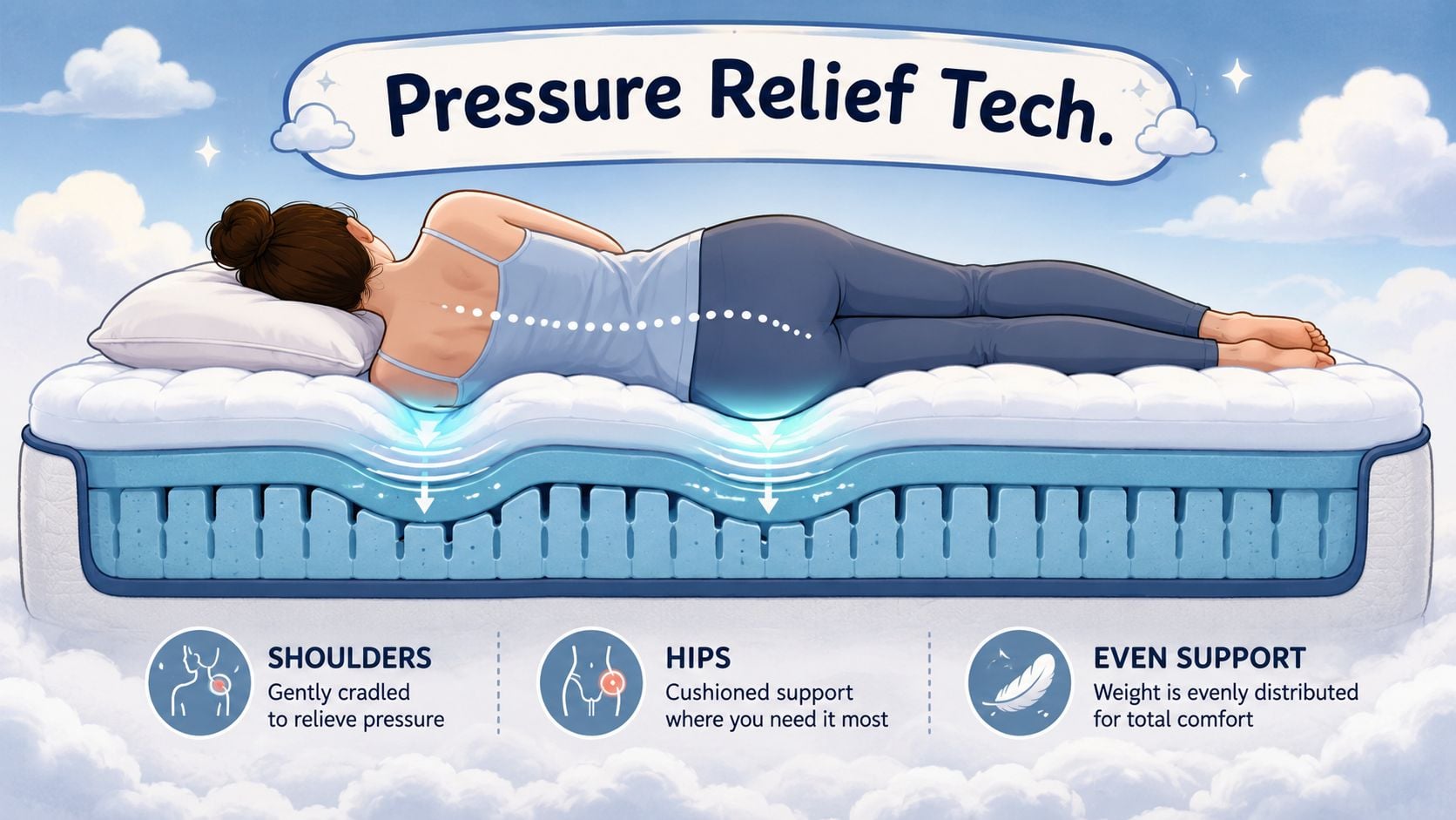 A cross-section diagram of a mattress showing pressure relief technology with a person sleeping comfortably.