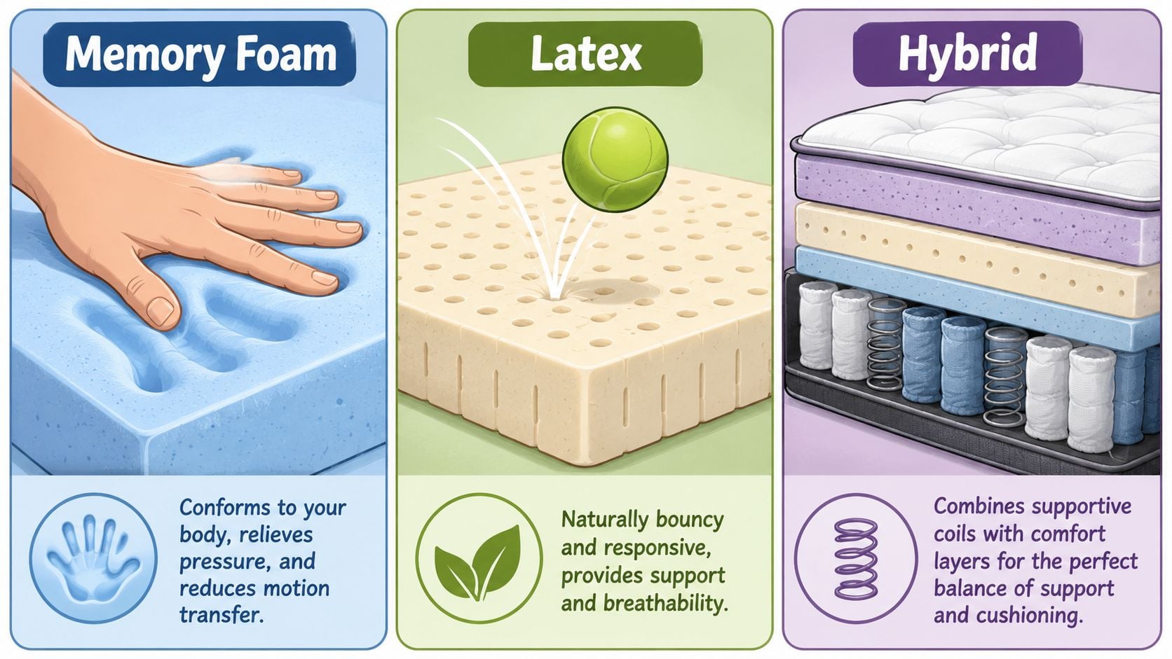 A diagram comparing three mattress types: memory foam, latex, and hybrid, highlighting their unique comfort and support features.