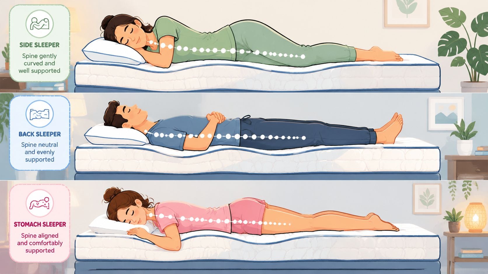 A diagram illustrating optimal spinal alignment for side, back, and stomach sleepers on a supportive mattress.