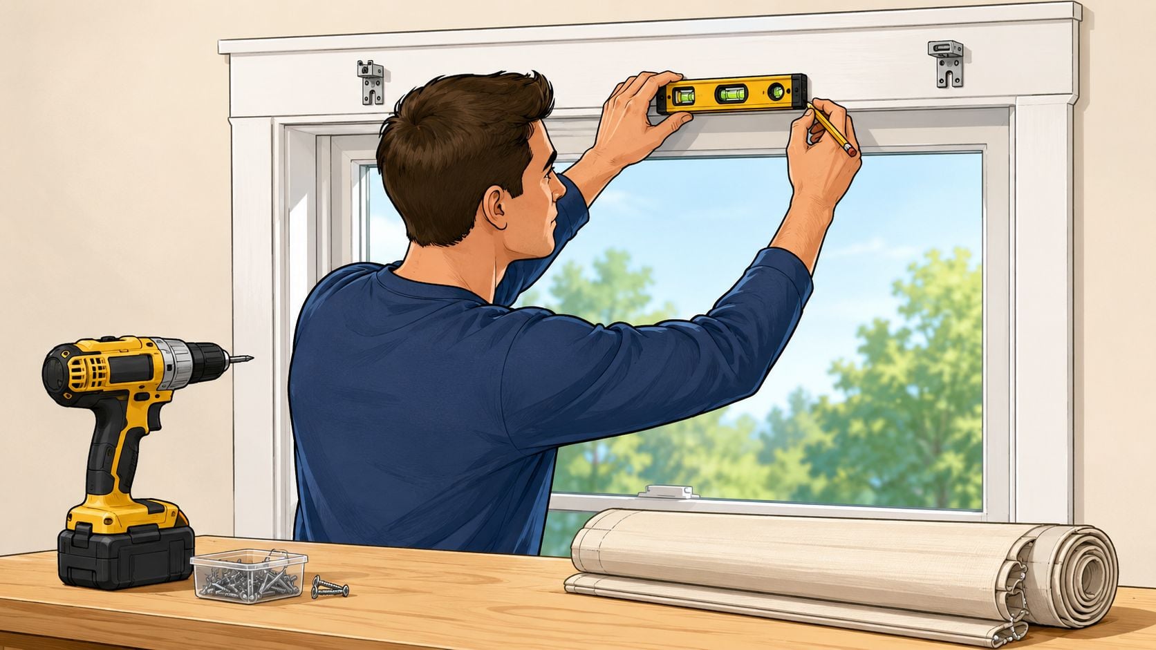 A man using a level and pencil to mark the window frame for roman shade installation.