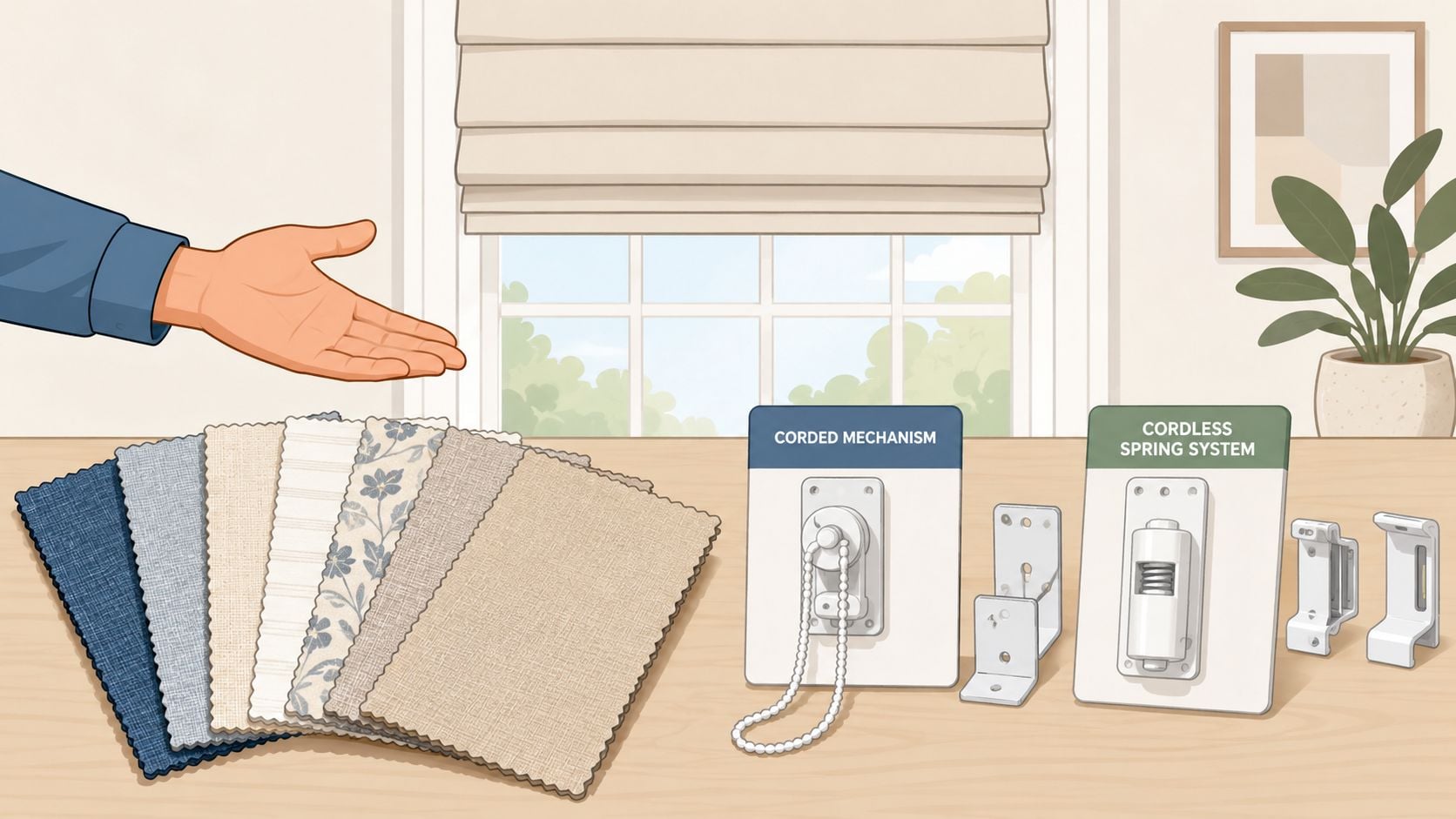 A hand displays fabric swatches alongside corded and cordless Roman shade mechanism components on a wooden table.