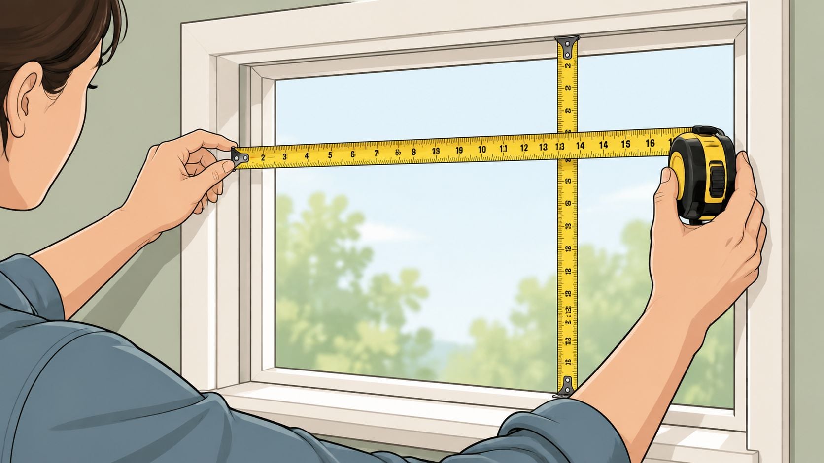 A person carefully measuring the width and height of a home window using a yellow tape measure.