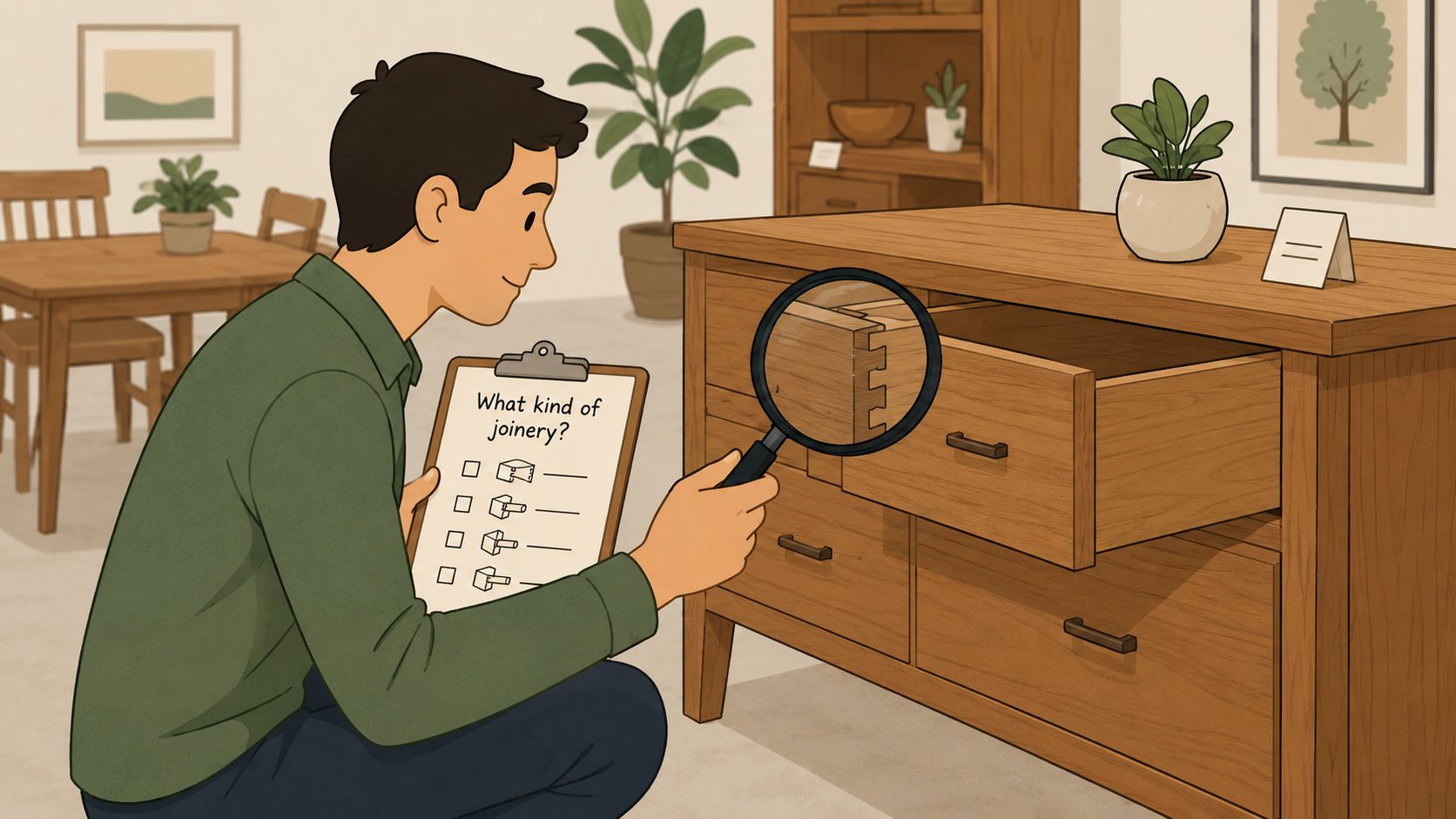A man examines the dovetail joinery of a wooden drawer using a magnifying glass while checking a checklist.
