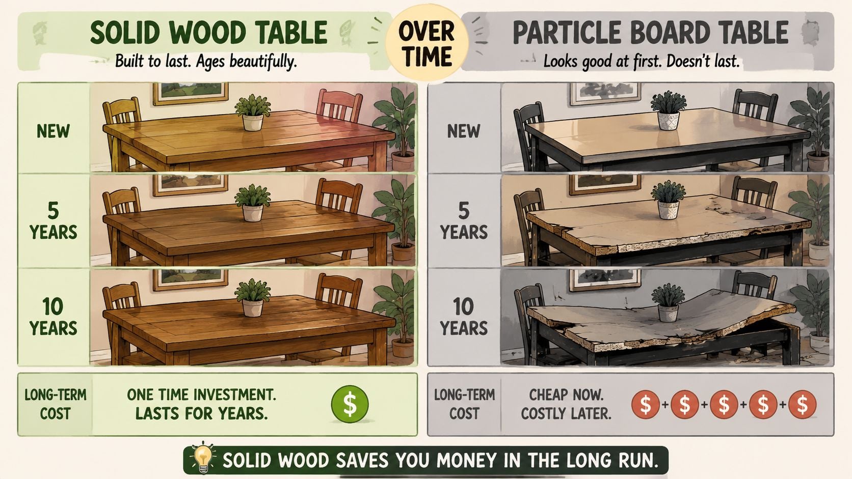 A comparative infographic showing how solid wood furniture remains durable over time while particle board furniture degrades.