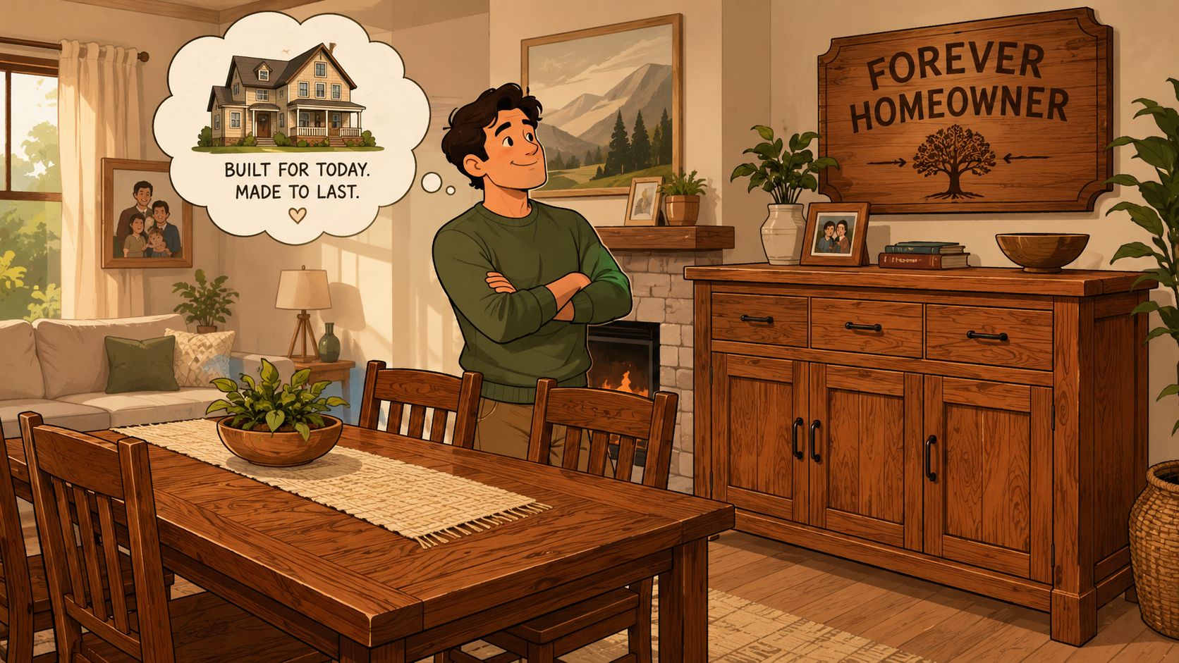 A man smiling in a cozy dining room, envisioning a sturdy wooden house, representing durable home construction.