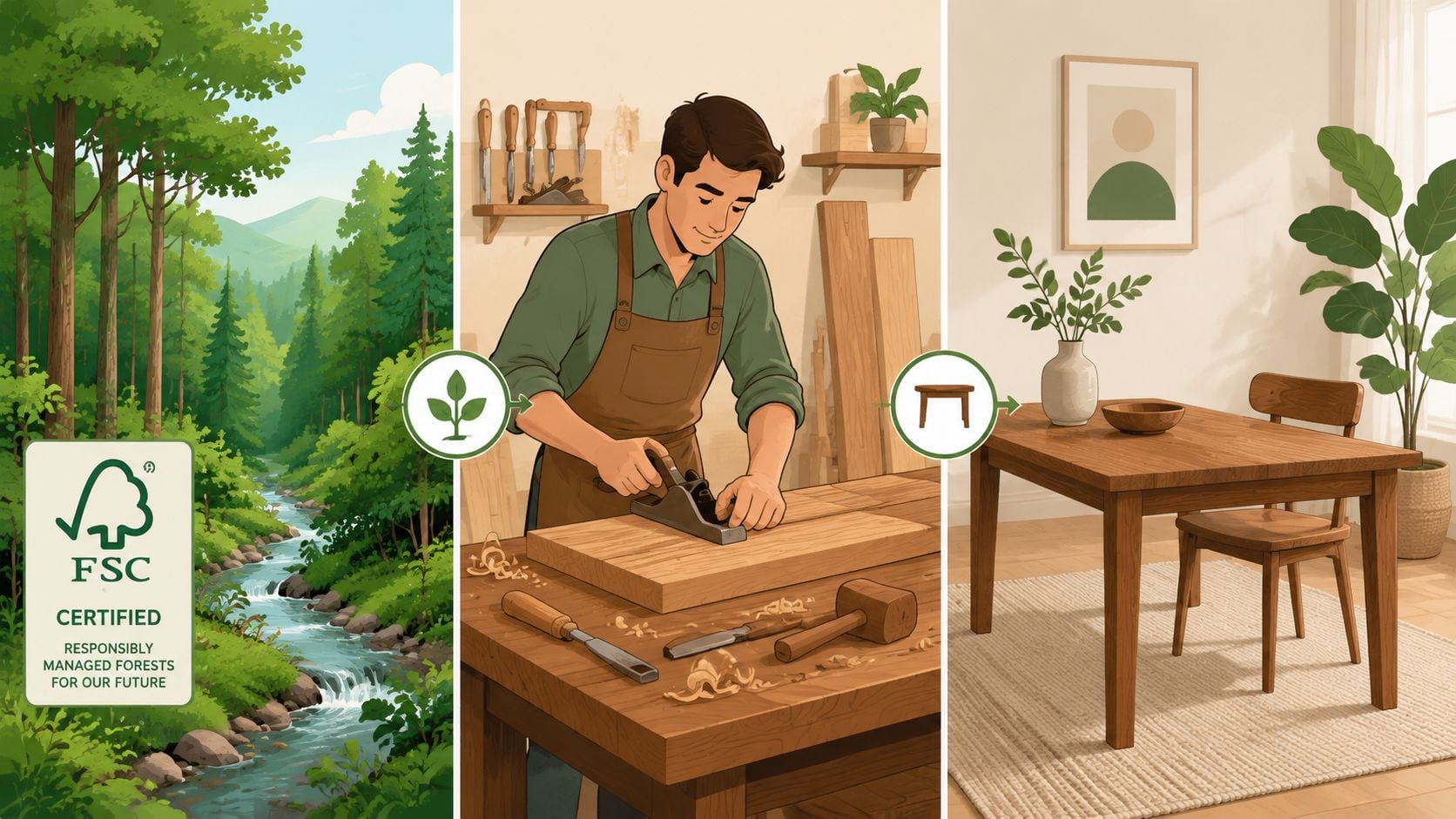 An infographic showing the journey of FSC-certified wood from managed forests to crafting and finished home furniture.