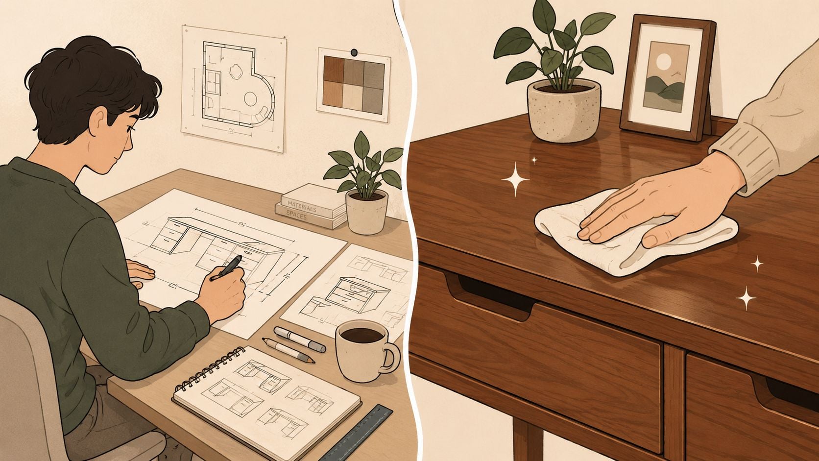 A split screen showing a designer drafting furniture plans on the left and polishing wood furniture on the right.
