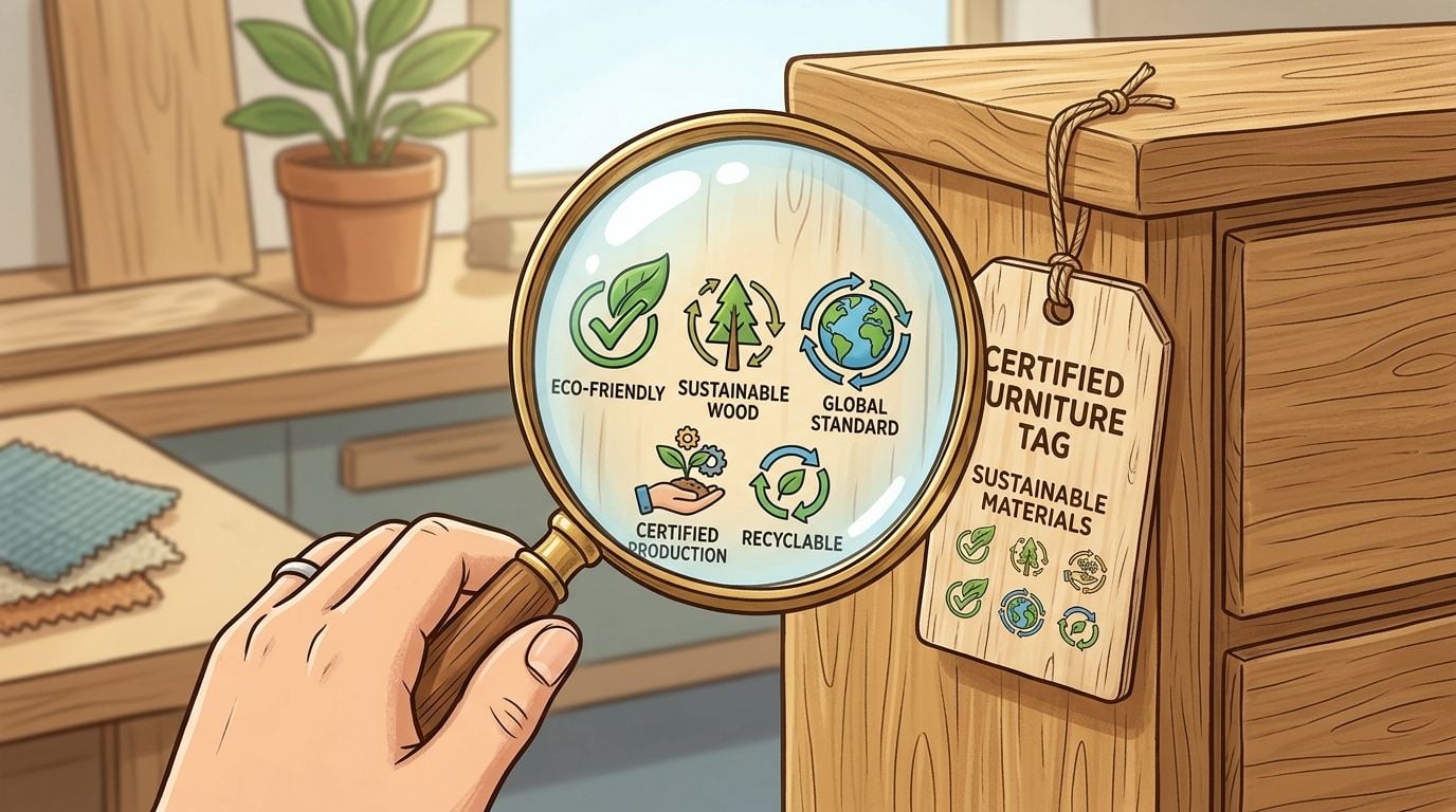 A hand holding a magnifying glass inspecting a certified sustainable furniture tag attached to a wooden cabinet.