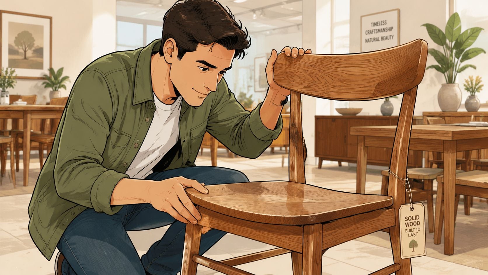 A man examines a handcrafted wooden chair in a furniture store focused on sustainable wood furniture options.