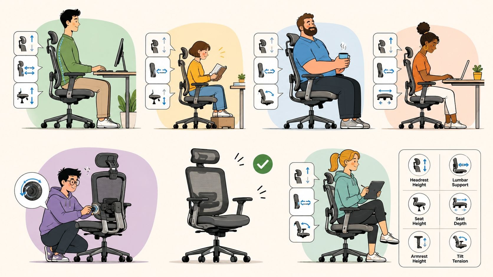 A diagram demonstrating various adjustment features of an ergonomic office chair for proper posture and comfort.