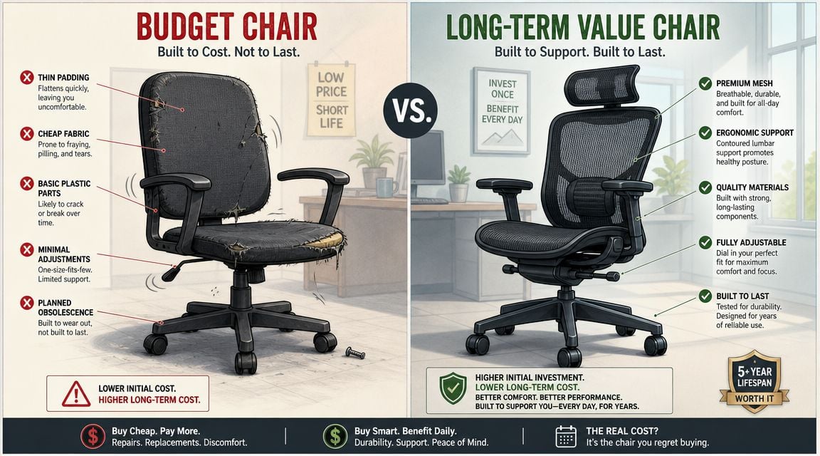 A comparative infographic showing a damaged budget office chair versus a high-quality, durable ergonomic office chair.