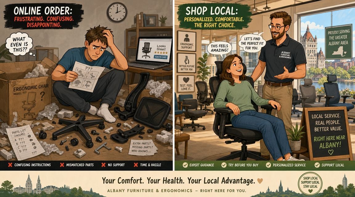 A split image contrasting the frustration of assembling online-ordered furniture with the personalized experience of shopping locally.