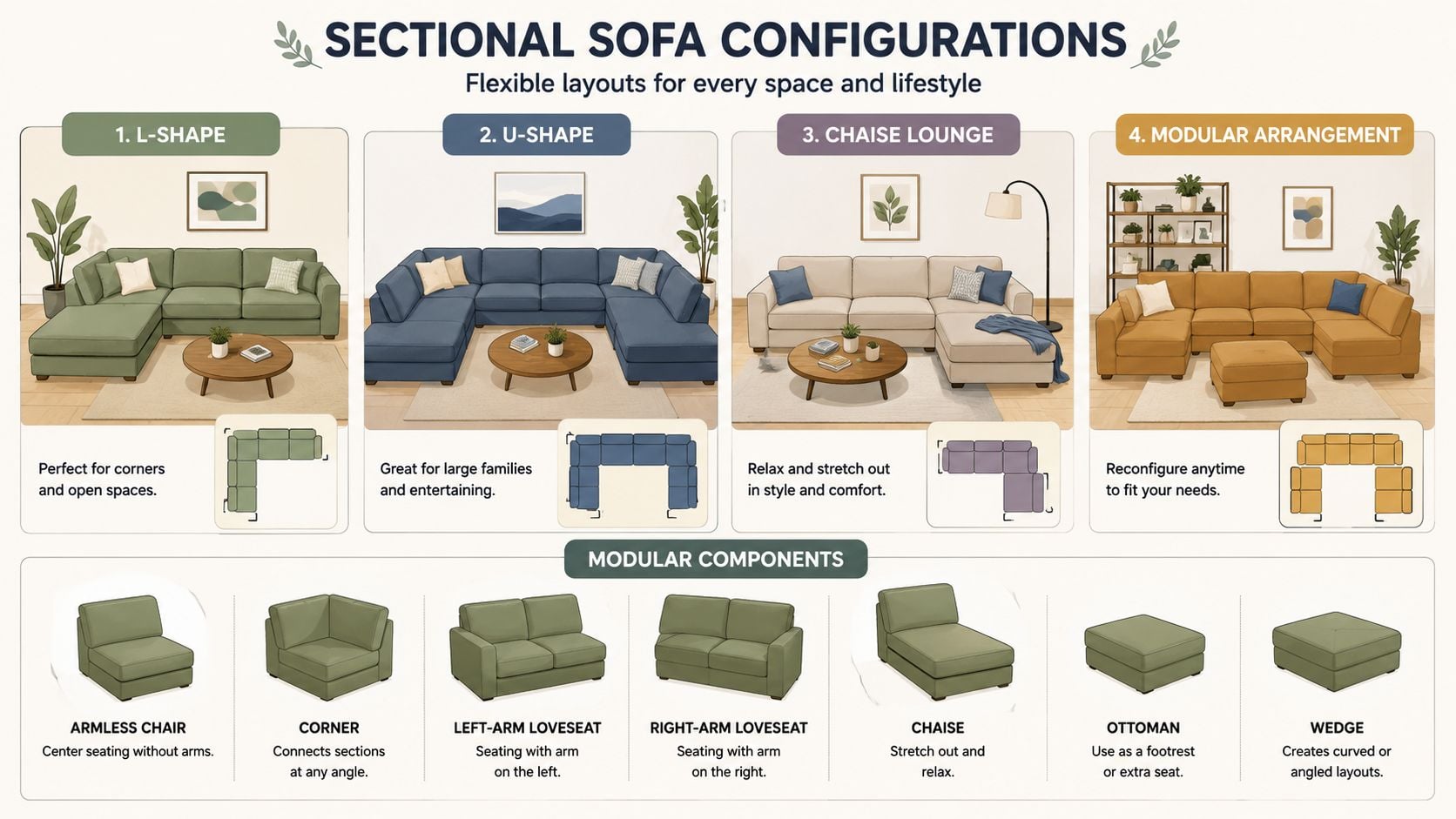 An infographic illustrating various sectional sofa configurations and modular components for different living room furniture layouts.