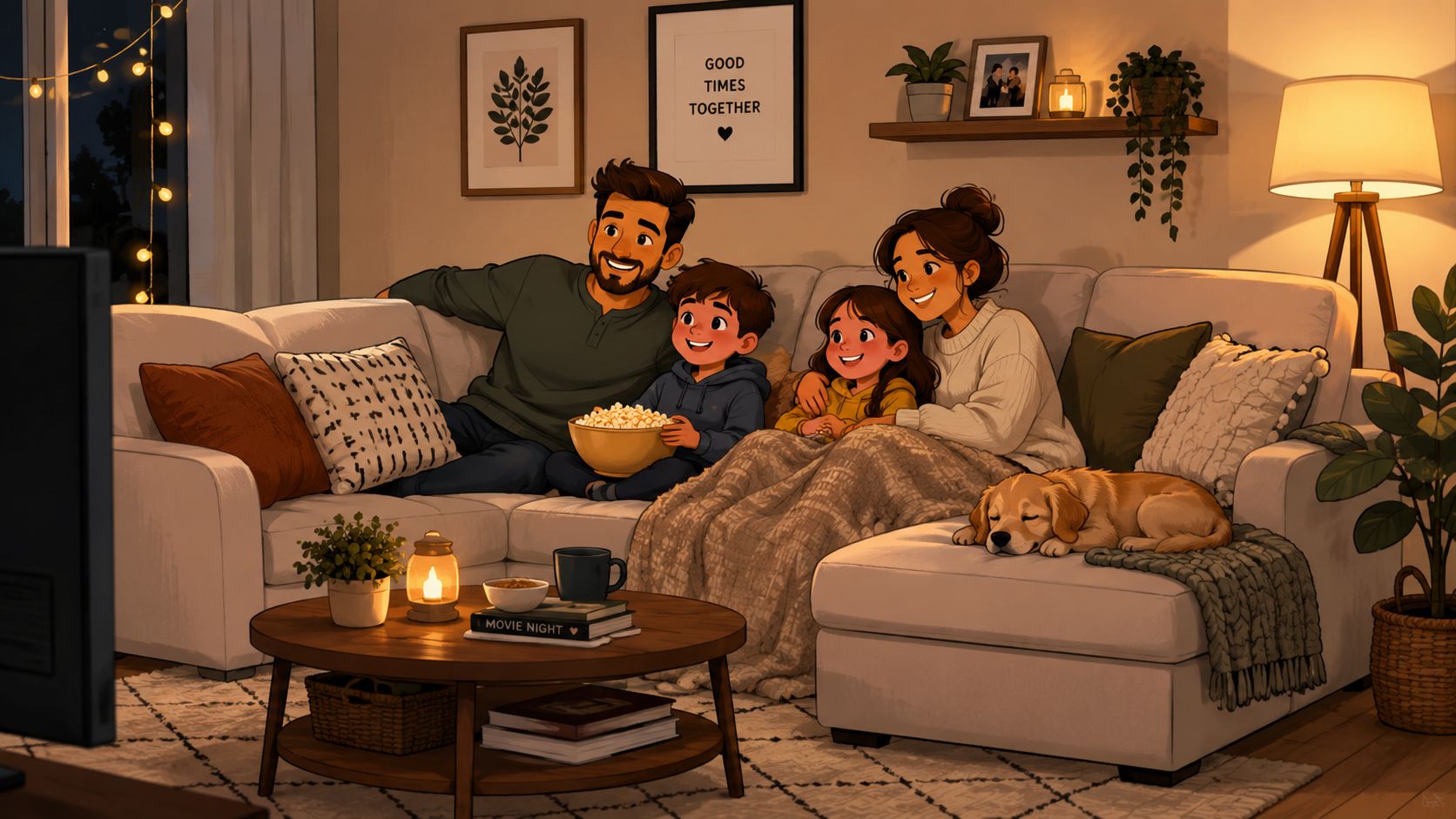 A happy family sitting together on an upholstered sectional sofa watching a movie with their pet dog.