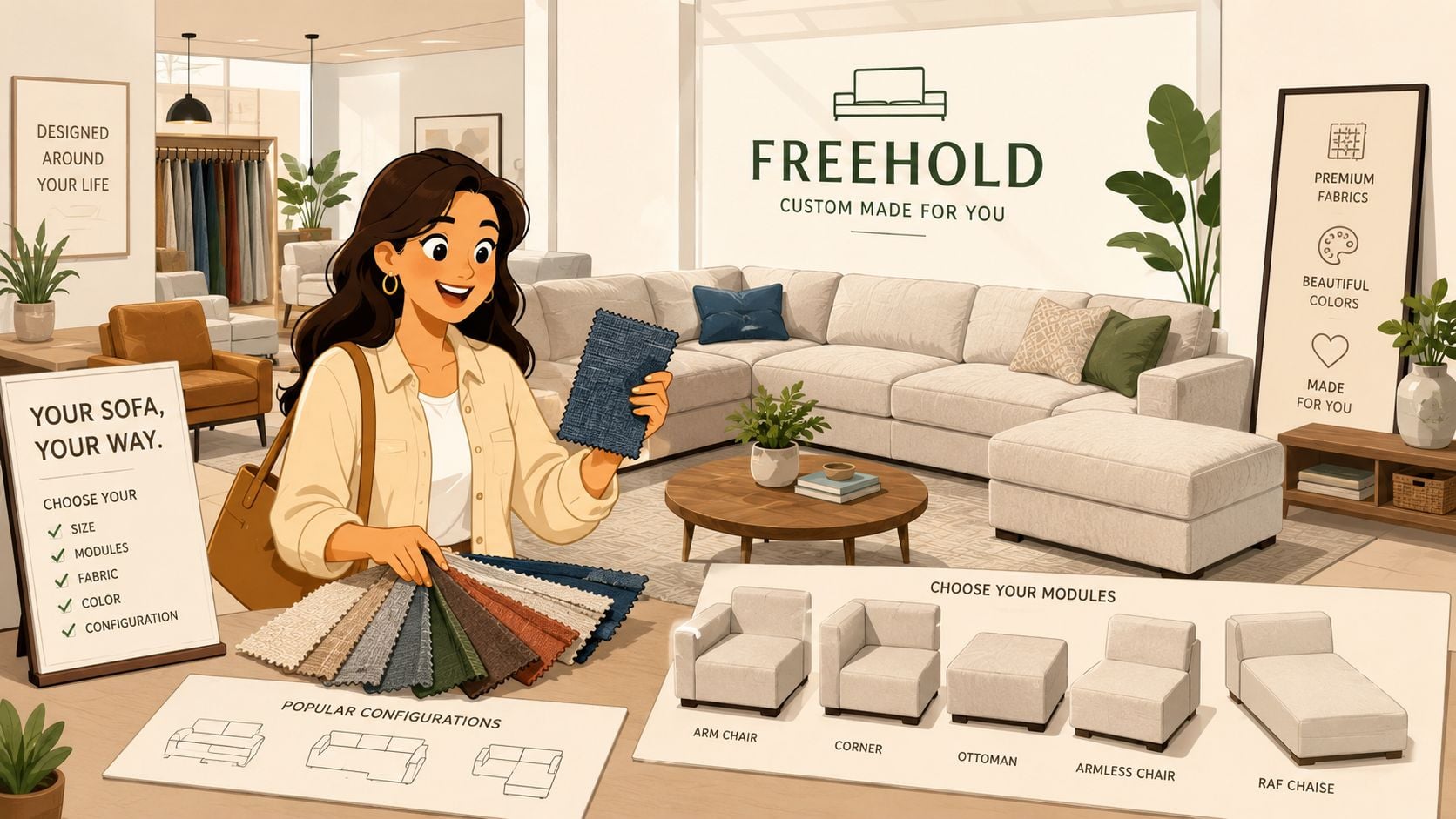 A woman chooses fabric swatches for a custom upholstered sectional sofa in a modern furniture showroom.