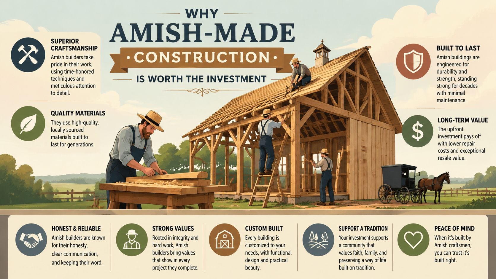 An infographic illustrating the benefits of Amish-made construction, featuring builders working on a wooden frame building.