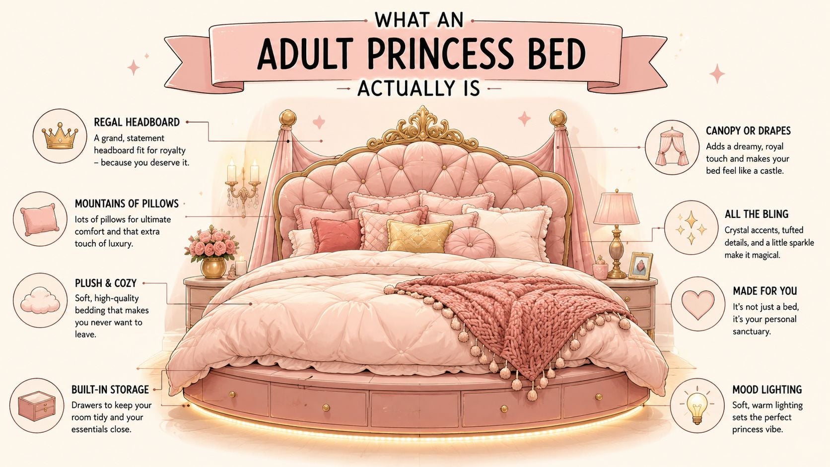 A diagram illustrating the elements of a luxurious adult princess bed with a pink canopy and storage.