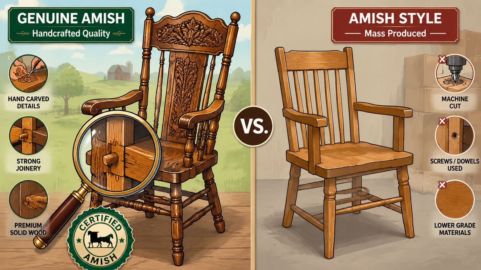 A side-by-side comparison between authentic handcrafted Amish furniture and mass-produced Amish-style chair alternatives.
