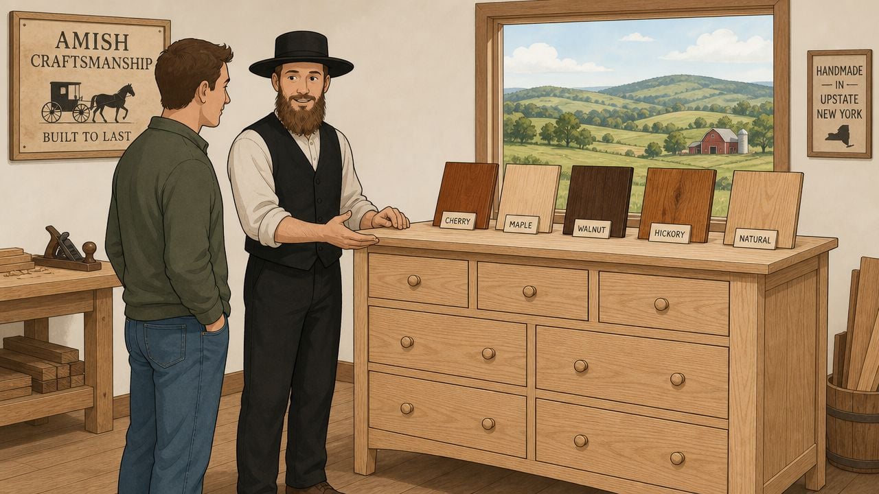 An Amish woodworker showing furniture wood samples to a customer in his workshop showroom.