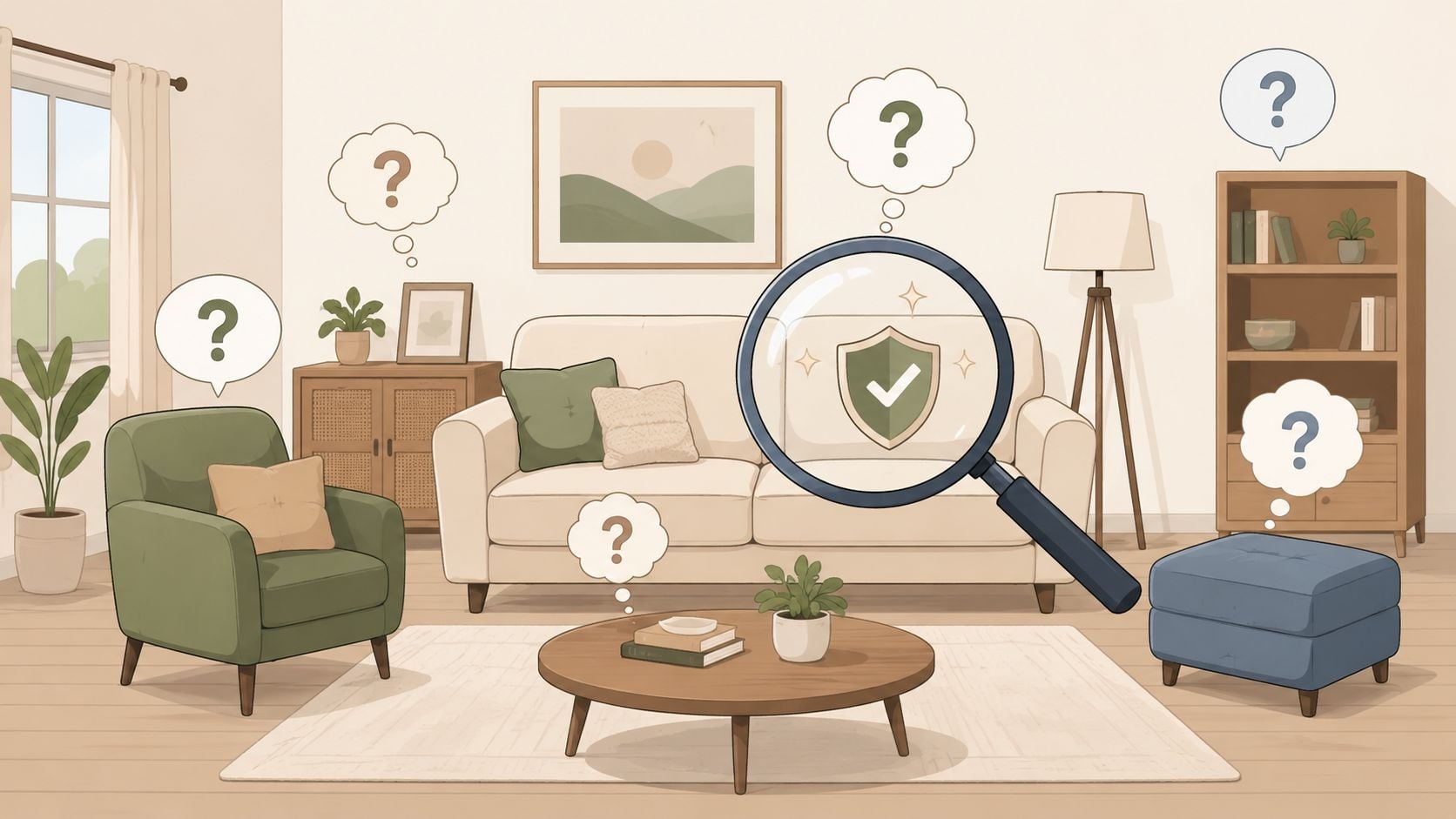 A magnifying glass inspecting a sofa cushion symbol, highlighting home furniture fabric protection and interior care concept.