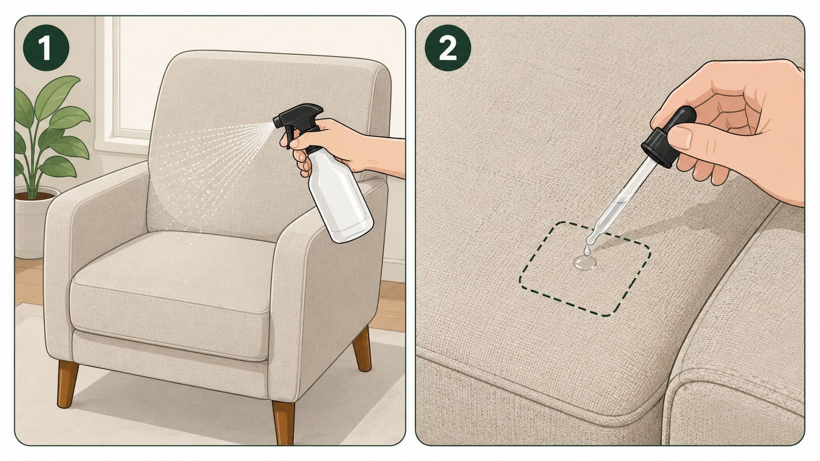 A two-step illustration demonstrating how to apply fabric protection spray and spot testing on furniture upholstery.