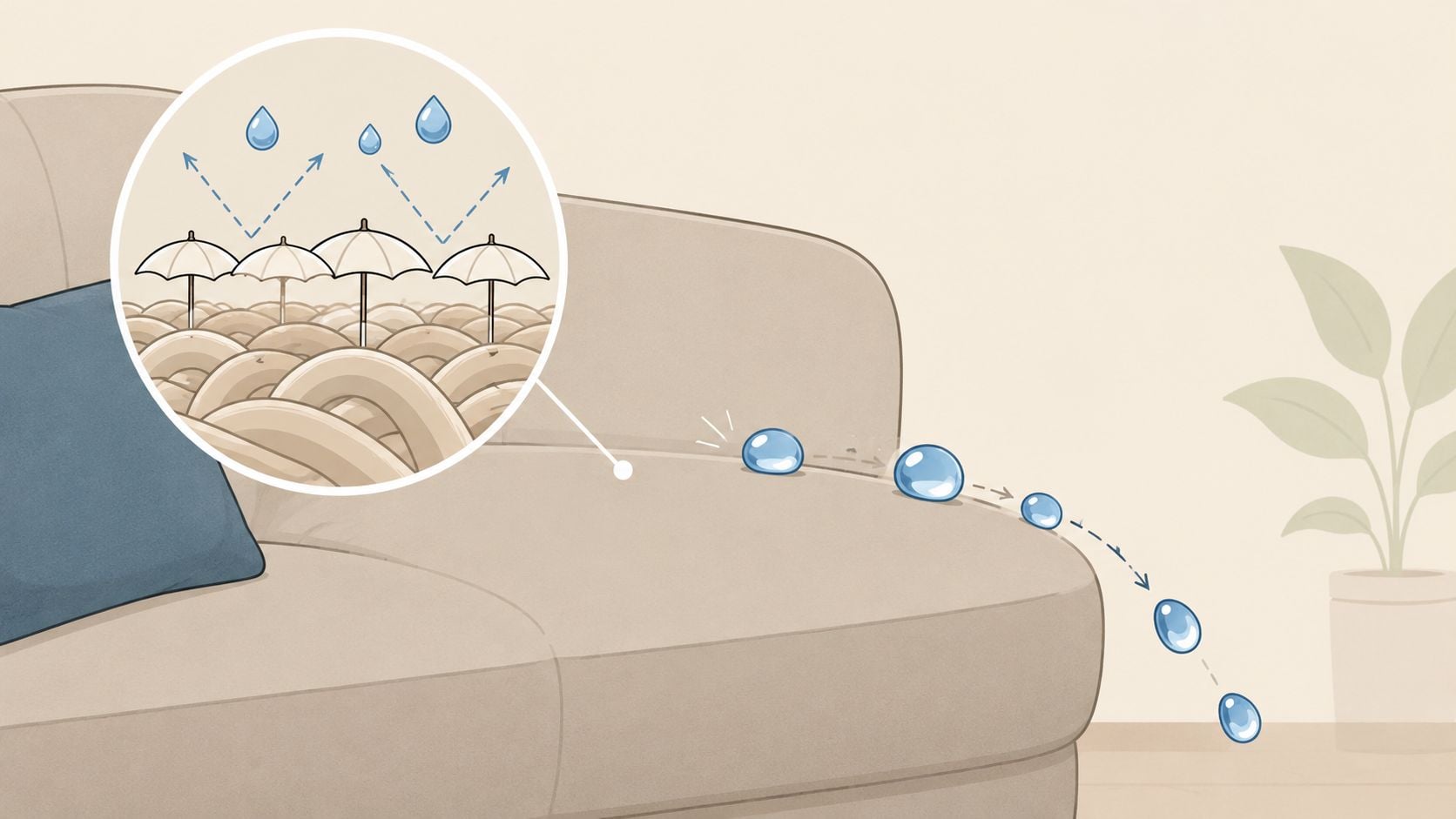 A close-up diagram showing water droplets repelling off treated fabric on a sofa with umbrella icons.
