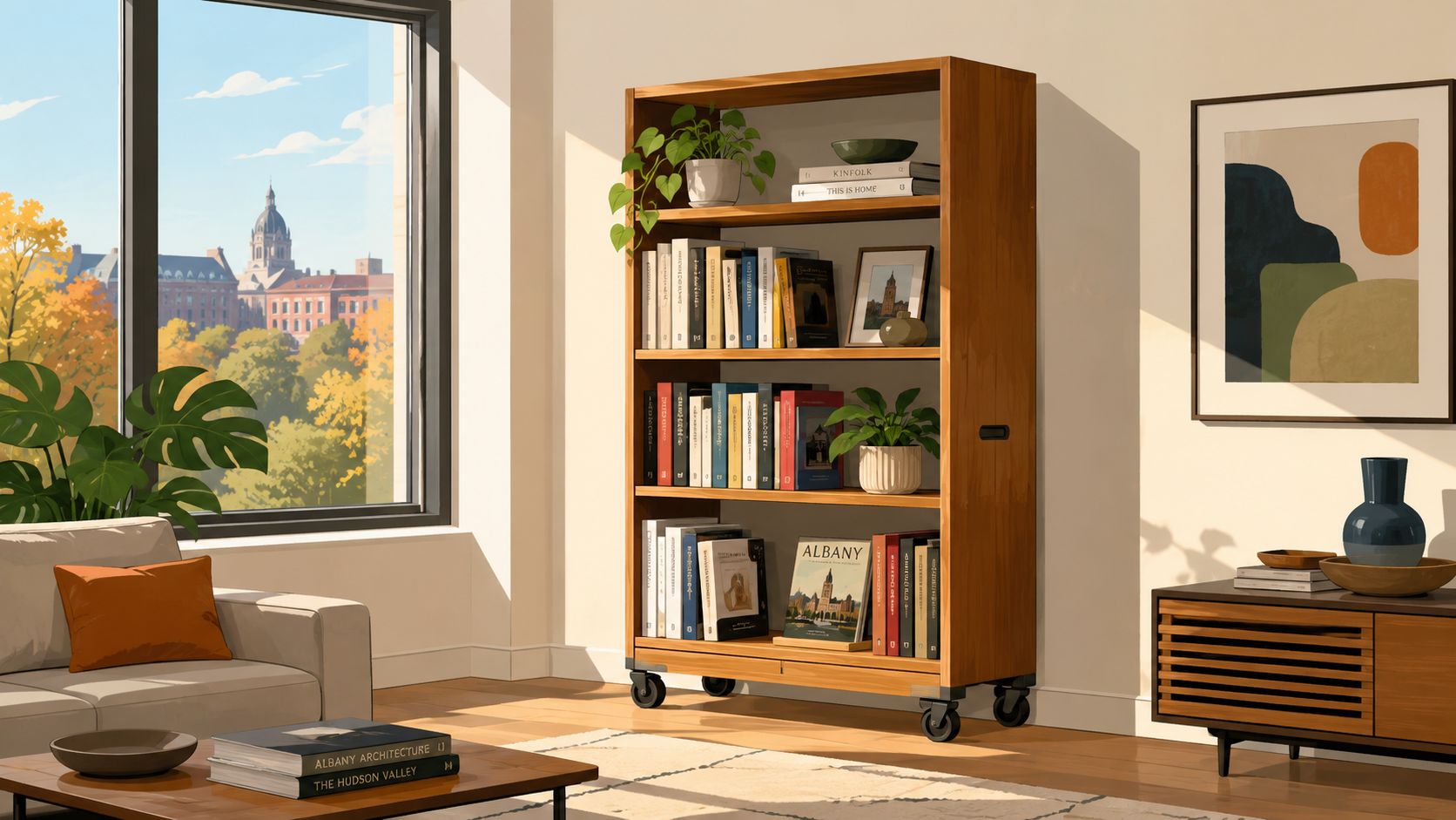 A wooden rolling bookshelf filled with books, plants, and decor inside a modern living room setting.