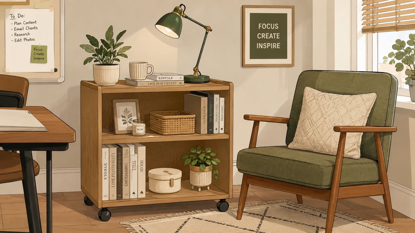 A cozy, minimalist home office corner with a rolling wooden bookcase, green armchair, and a task lamp.