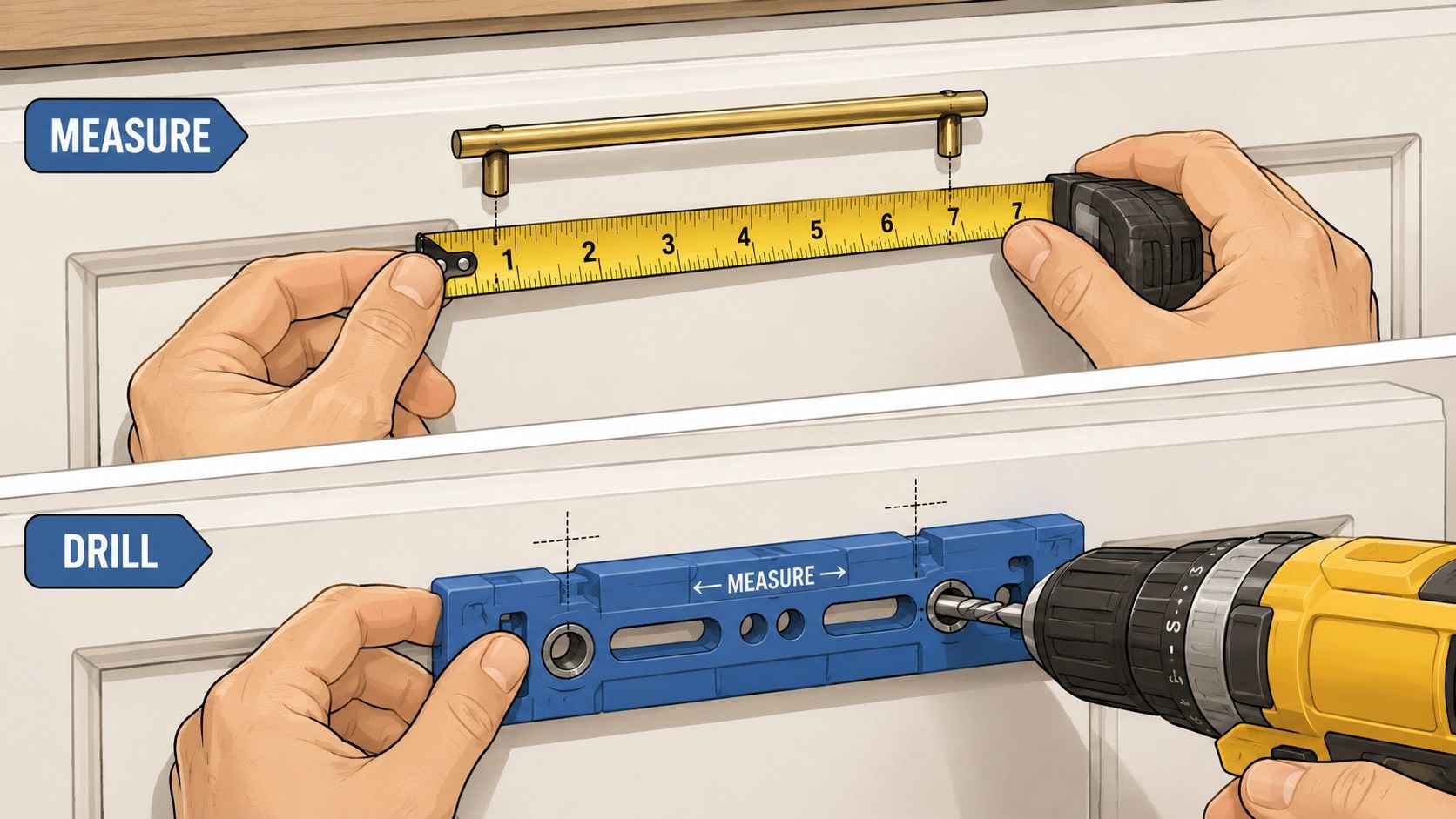 A person using a measuring tape and a drilling template to install cabinet hardware on a door.