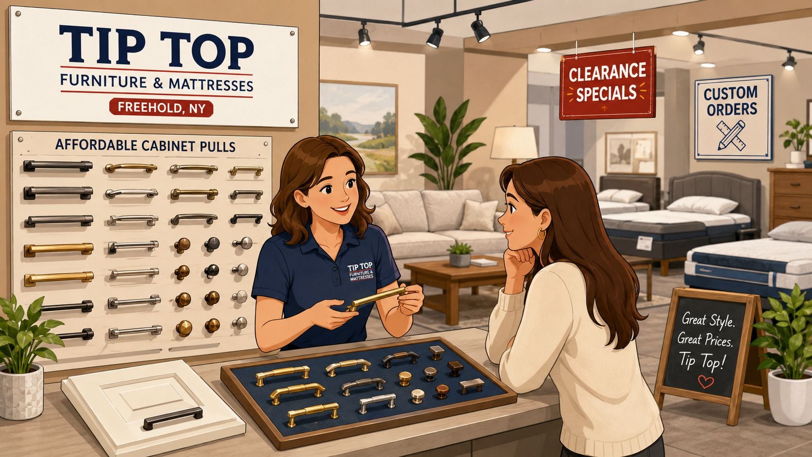 A friendly sales associate shows a variety of cabinet pull samples to a customer in a store.