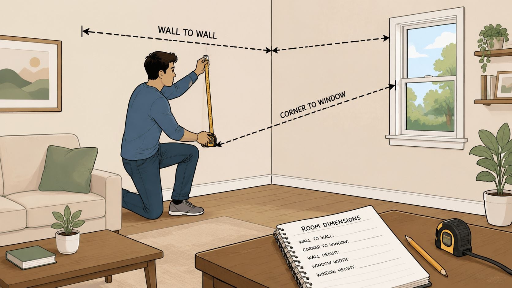 A man measuring a wall and corner in a room to note dimensions for furniture placement.