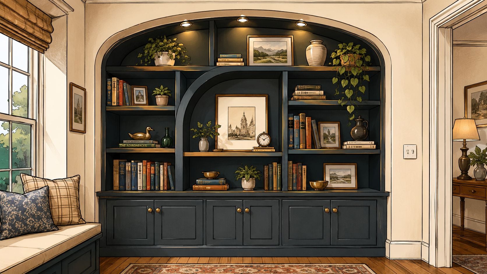 A sophisticated built-in dark blue bookshelf with arched lighting, decorative plants, and framed artwork in a home.
