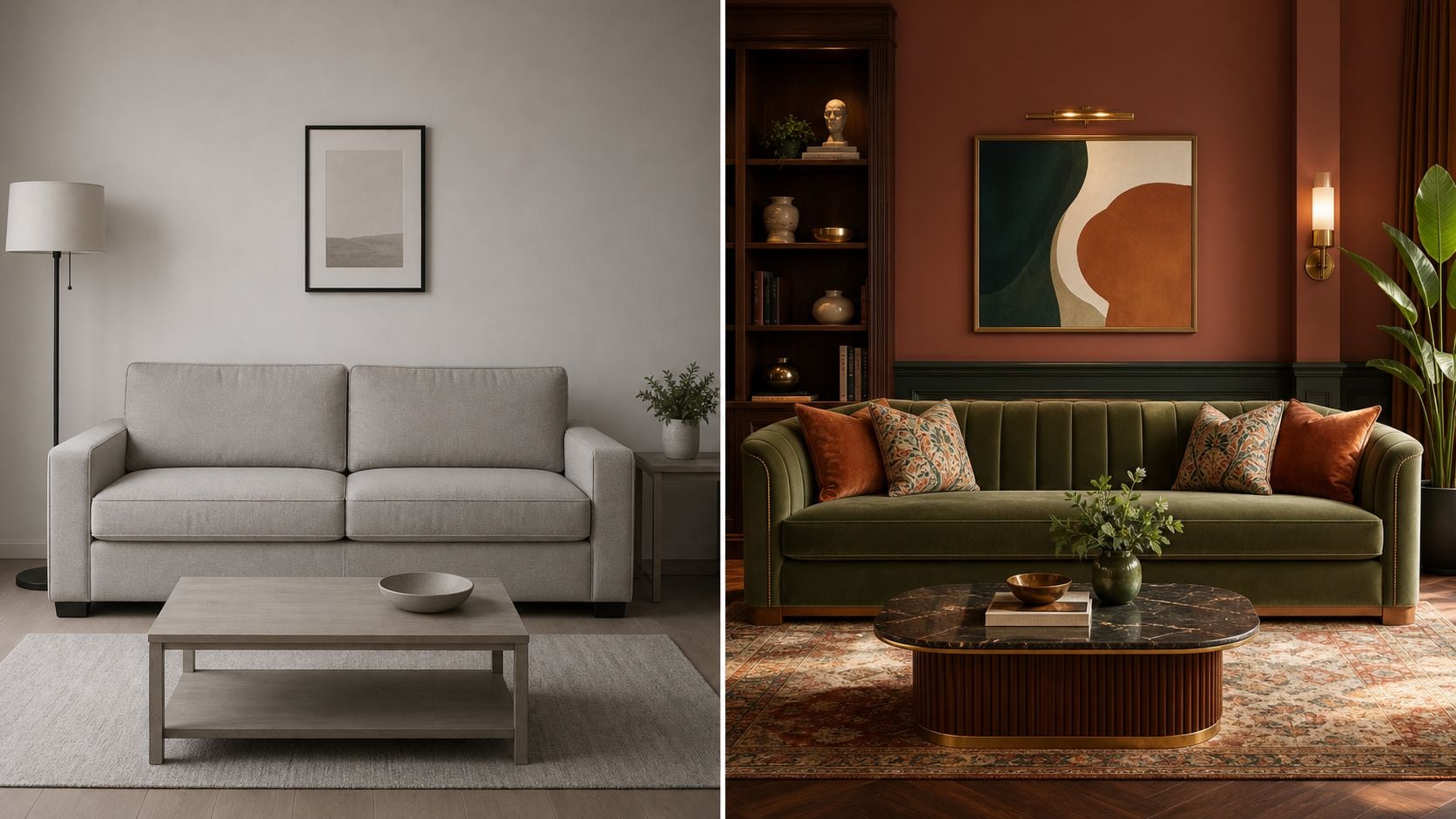 A split-screen comparison showing a minimalist gray living room alongside a rich, vintage-inspired green velvet living room.