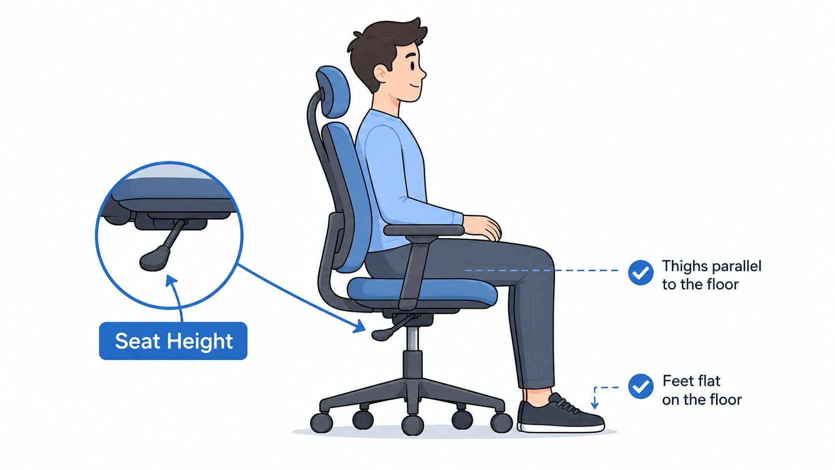 A diagram illustrating proper desk chair ergonomics, showing seat height adjustment, thighs parallel, and feet flat.