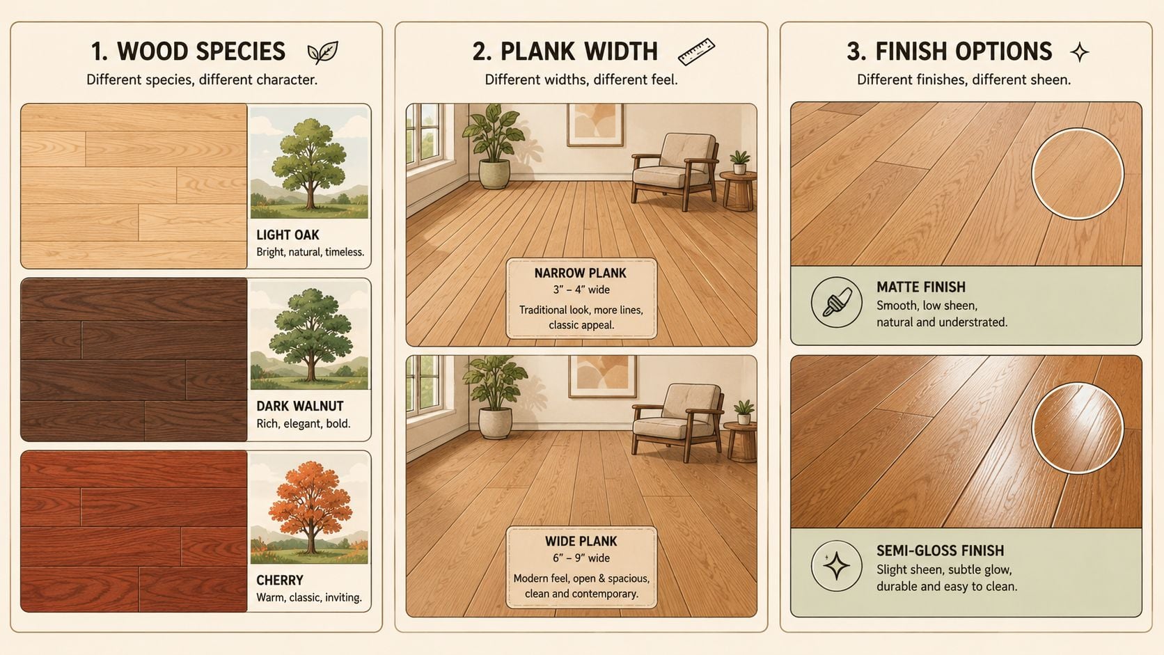 A guide illustrating three key factors for choosing engineered hardwood flooring: species, plank width, and finish options.