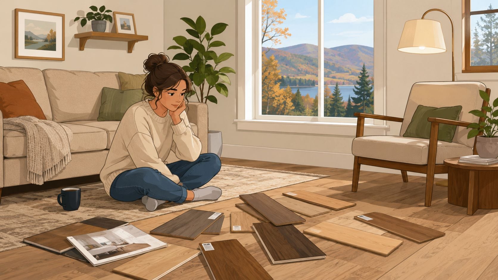 A woman sits on her living room floor evaluating various engineered hardwood flooring samples for home renovation.