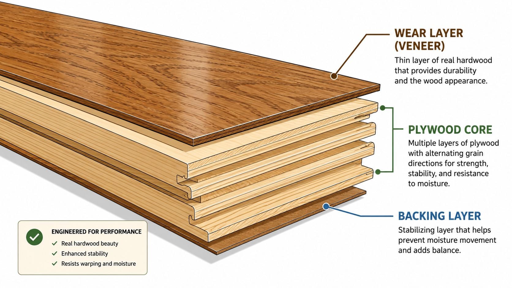 A cross-section illustration showing the structure of engineered hardwood flooring with its wear, plywood, and backing layers.