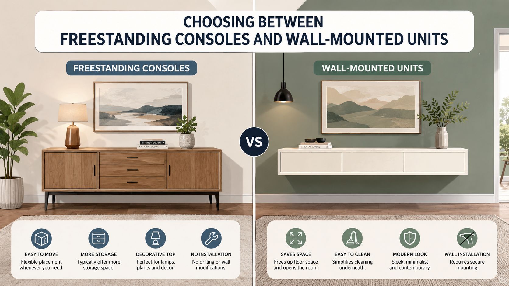 A comparison guide between a wooden freestanding console and a modern floating wall-mounted media unit.
