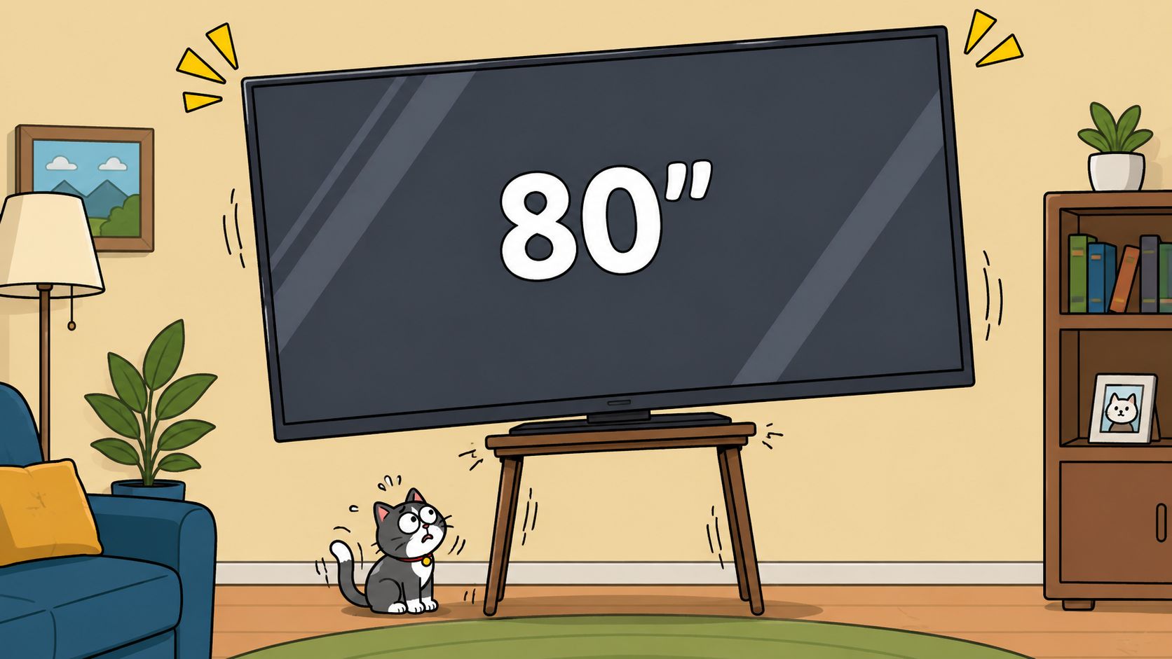 A cartoon cat looks worriedly at a massive 80-inch television teetering precariously on a small wooden table.
