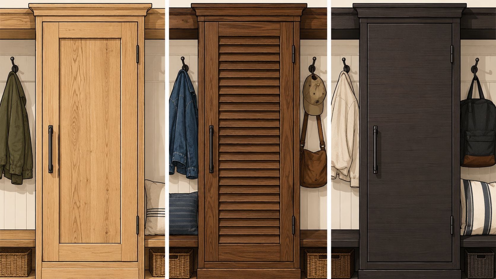 A triptych showing three entryway lockers with different door styles and finishes for mudroom organization.