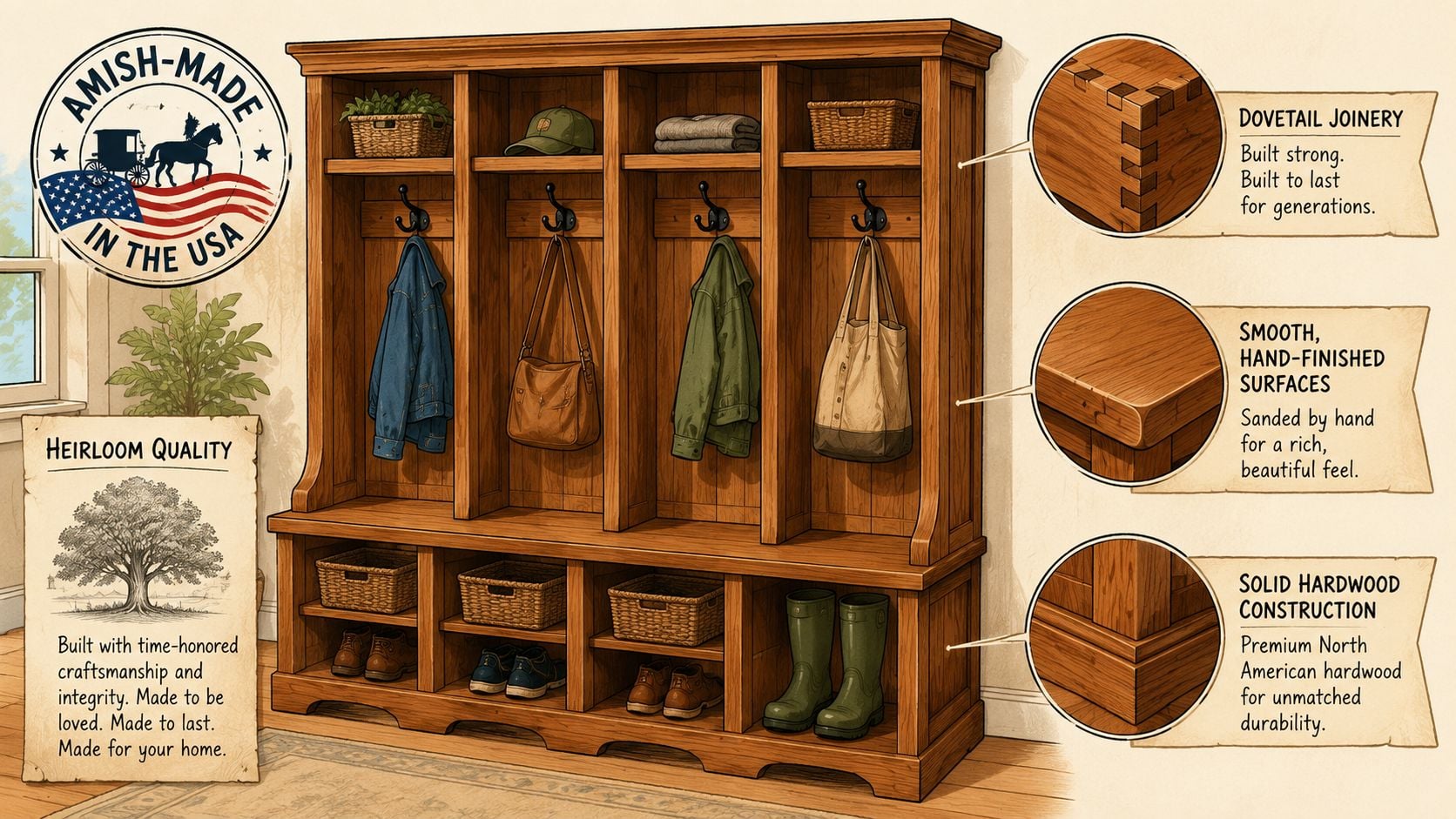 A rustic wooden entryway locker unit featuring four storage cubbies, coat hooks, and baskets for organizational storage.
