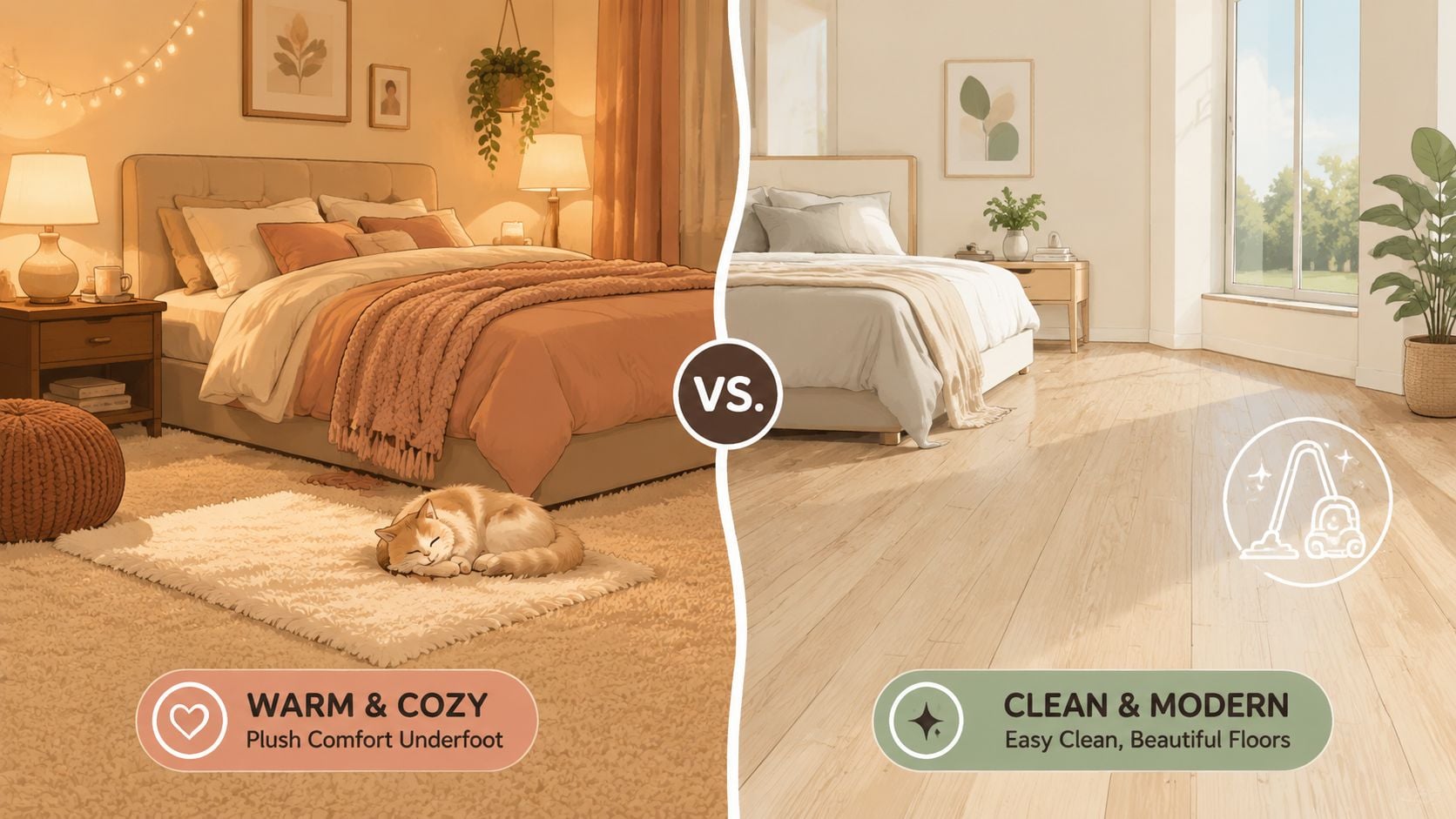A split image comparing a warm, cozy carpeted bedroom with a cat and a clean, modern hardwood bedroom.