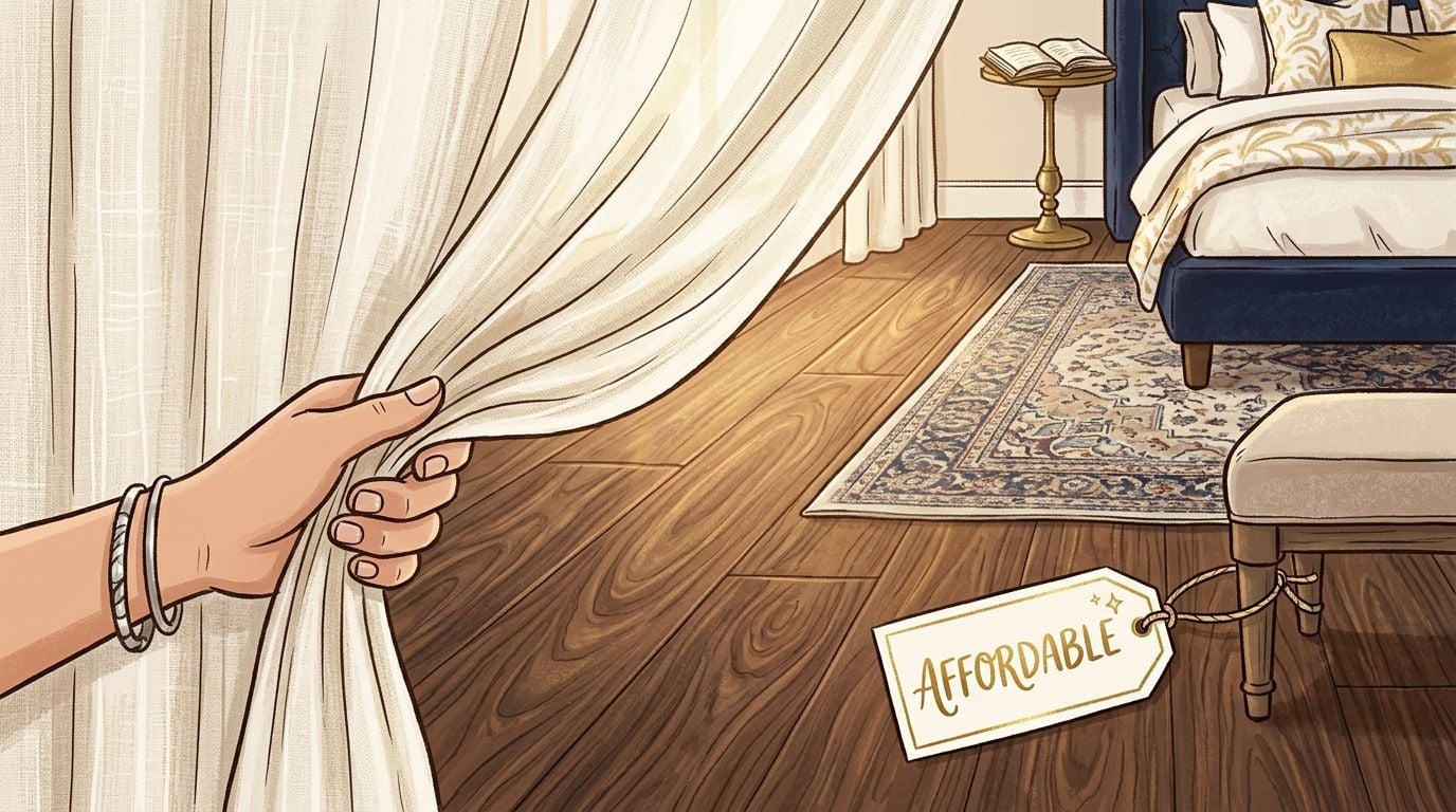 A hand pulling back a curtain to reveal a stylish bedroom with wooden flooring and furniture.